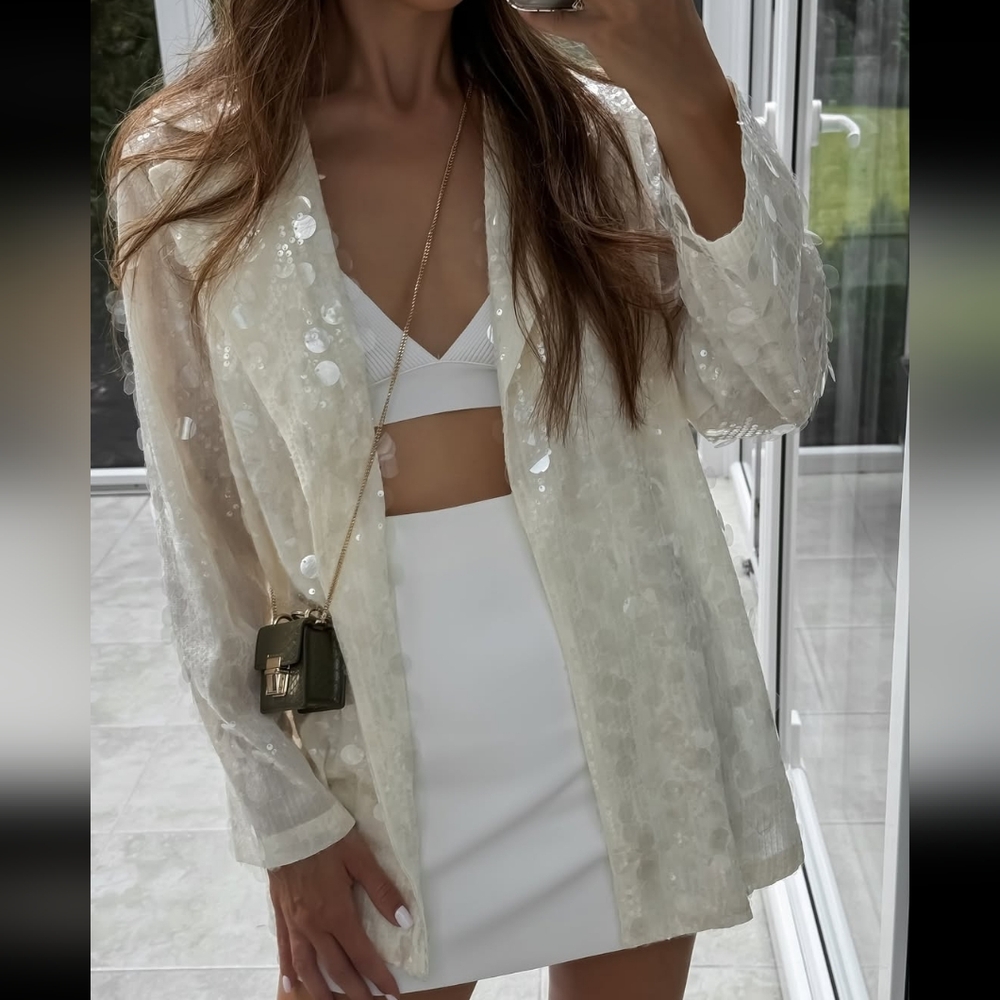 ZARA SEQUIN OPEN FRONT BLAZER Size S Cream - Picture 2 of 16